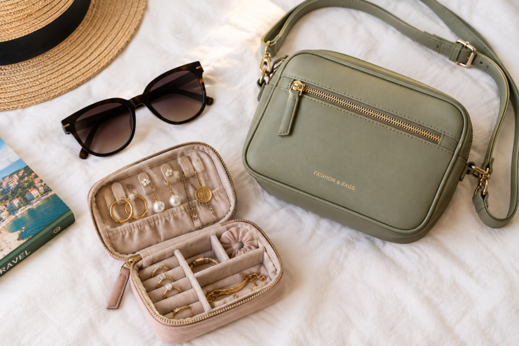 Travel accessories including jewelry pouch and cross-body bag