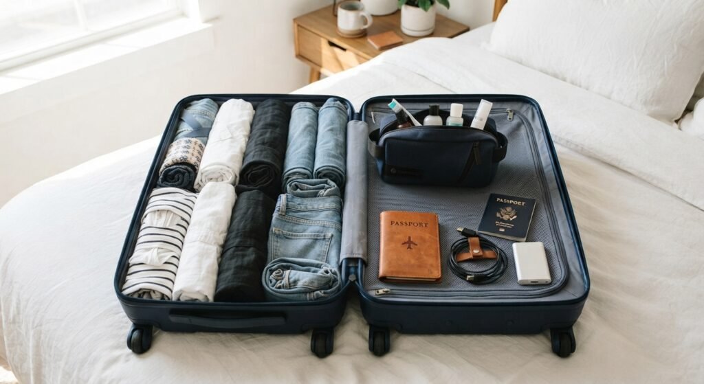 Rolled clothes packed into a suitcase for a trip
