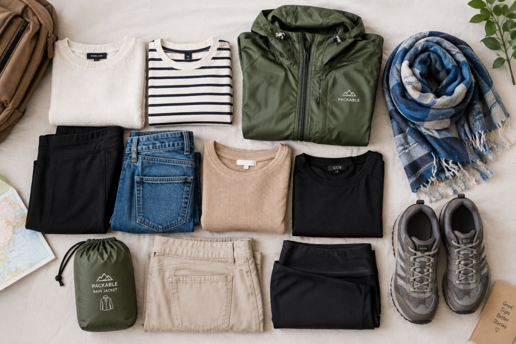 Capsule wardrobe with rain jacket for a Europe packing list