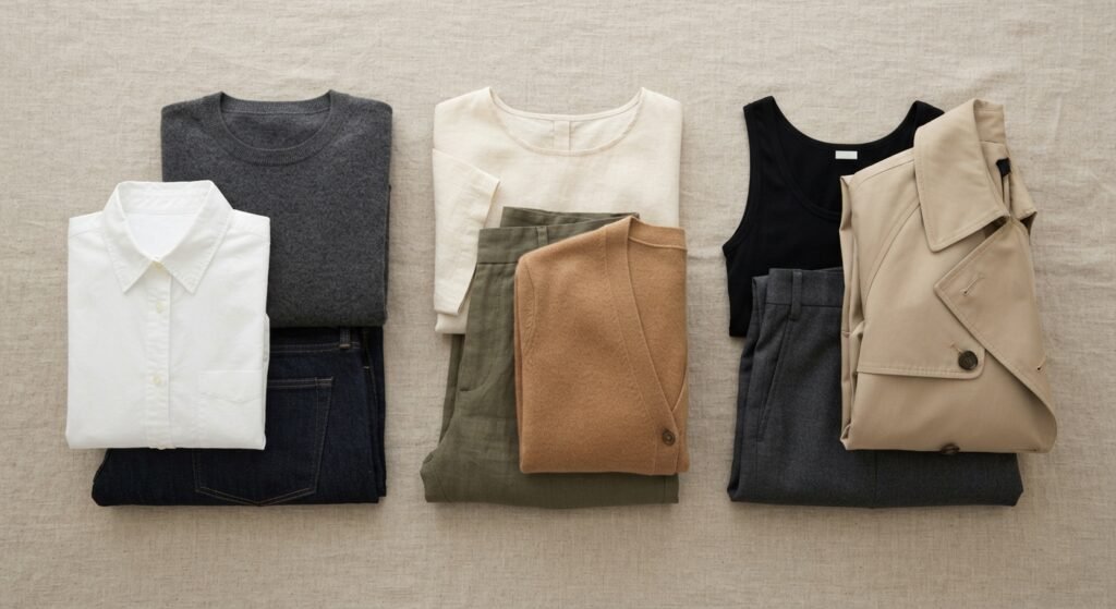 Three folded outfits laid out for a weekend trip packing list
