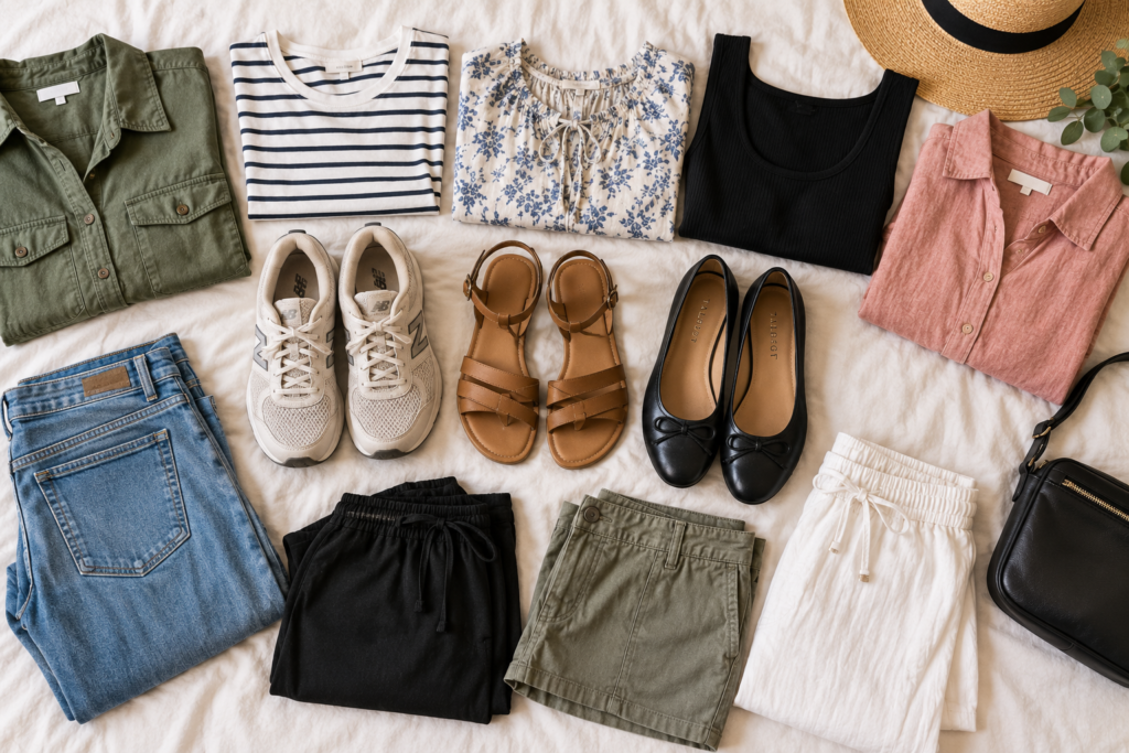 Outfits built around shoes for a women's travel packing list