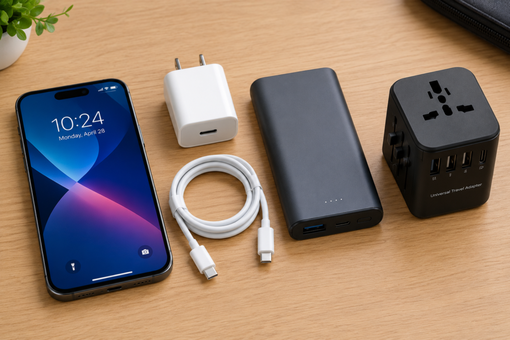 Phone charger, power bank, and universal adapter for travel