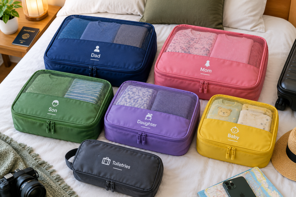 Packing cubes organized for a family vacation packing list