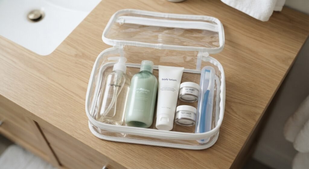 Clear toiletry bag with travel-size bottles for a weekend getaway