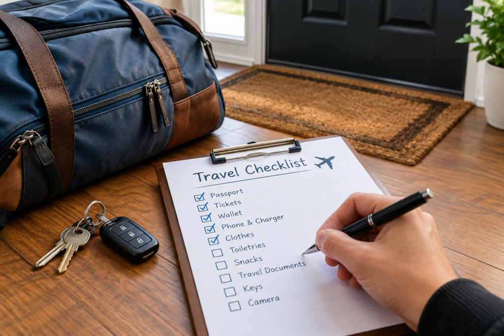Hand checking off a before-you-leave checklist next to a packed bag