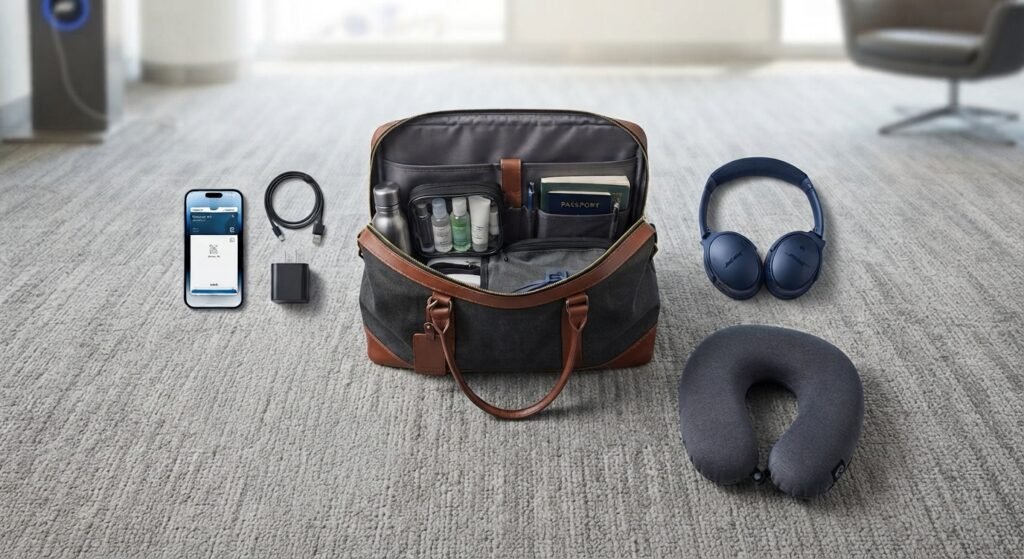 Carry-on essentials including charger, headphones, and neck pillow
