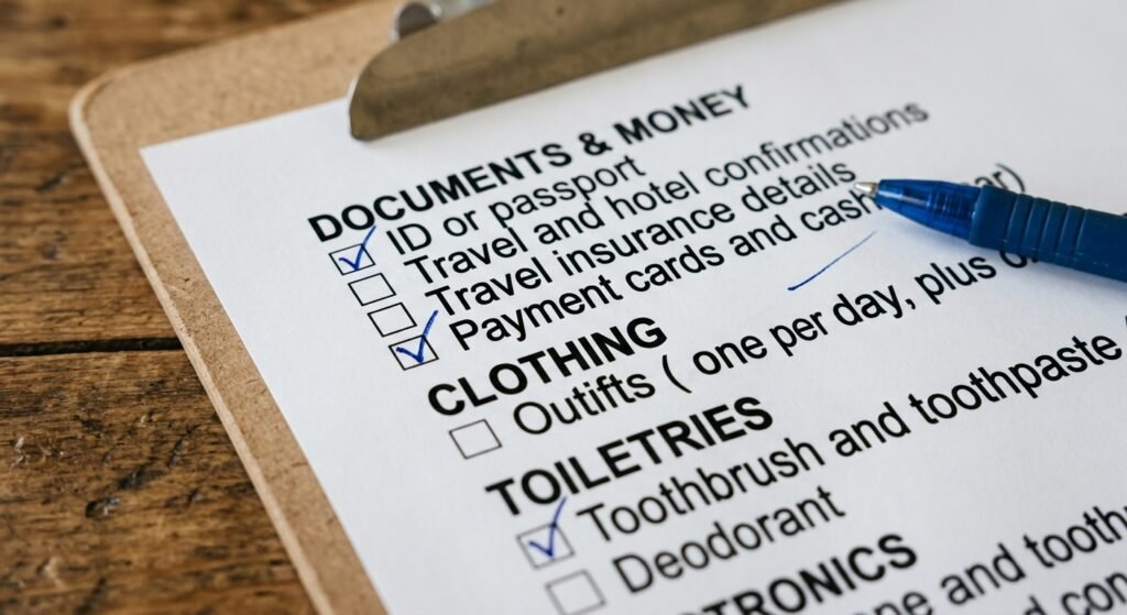 Close-up of a printable packing checklist with checked boxes