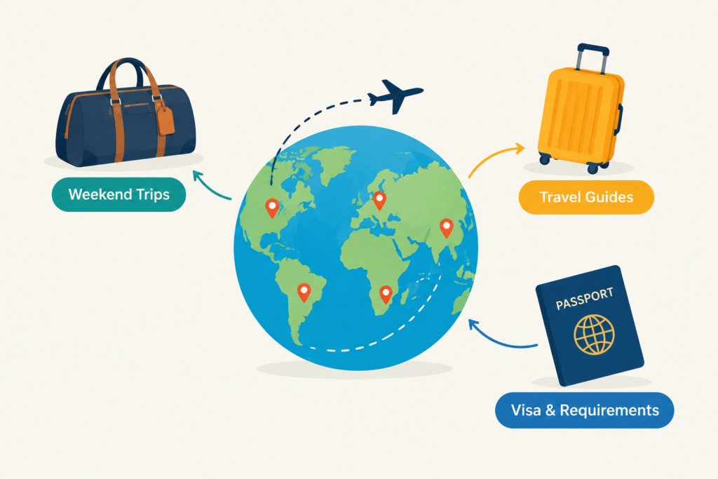 Icons representing different trip types: weekend, long trip, and international travel