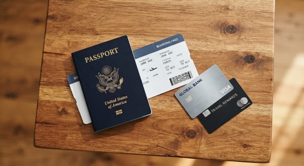 Passport, boarding pass, and payment cards for a travel checklist