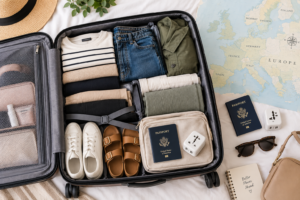 Suitcase packed for a Europe trip with adapter and passport