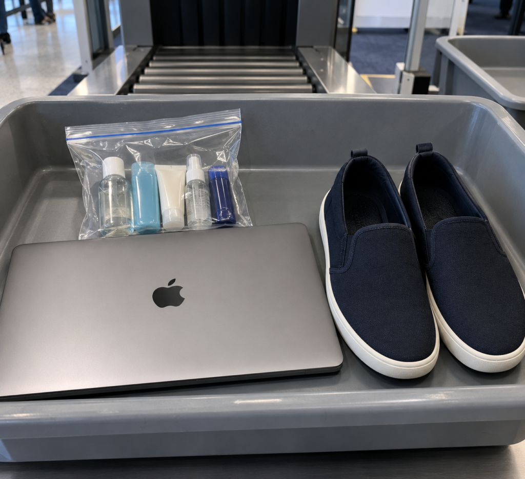 Airport security tray with liquids bag and laptop for faster screening
