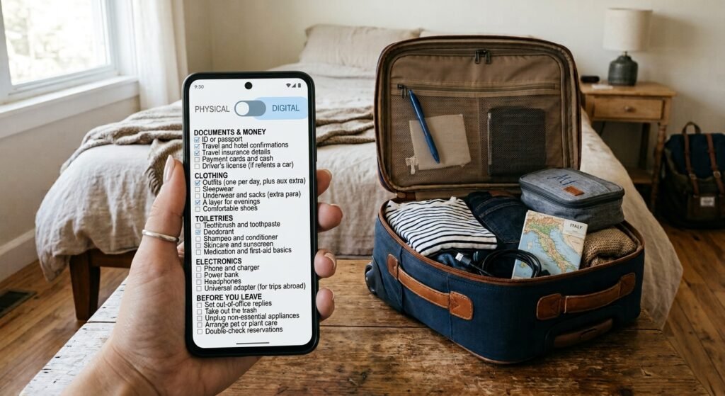 Using a printable packing list on a phone while packing a suitcase