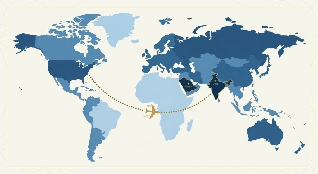 india to makkah flight distance map