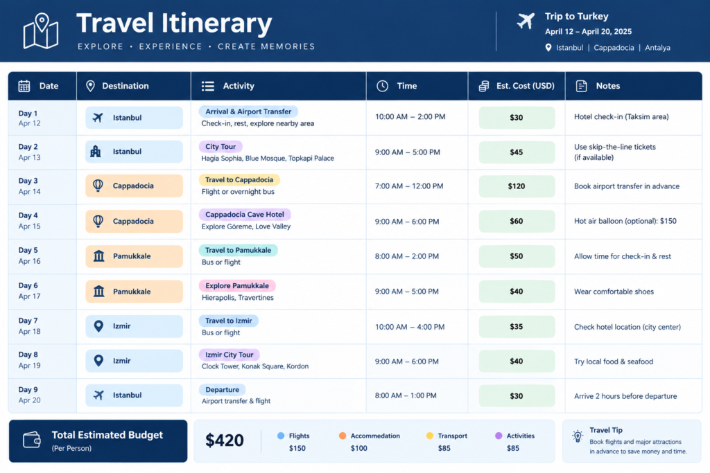 Screenshot of a daily travel itinerary template spreadsheet with columns for date, activity, and budget