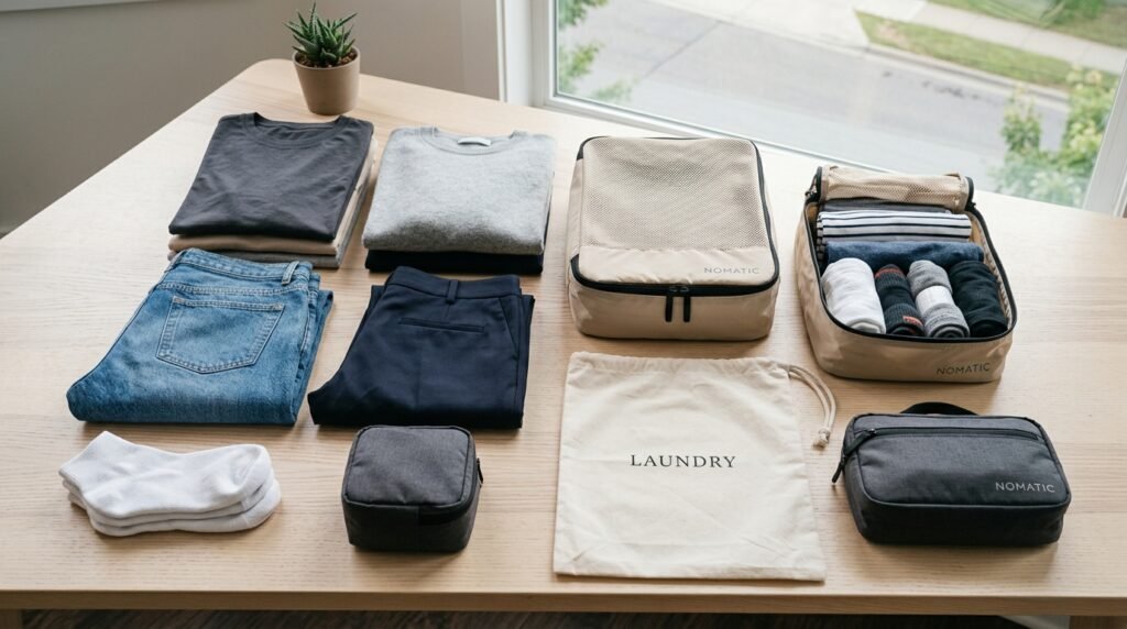 Packing cubes and laundry bag for a longer trip packing strategy
