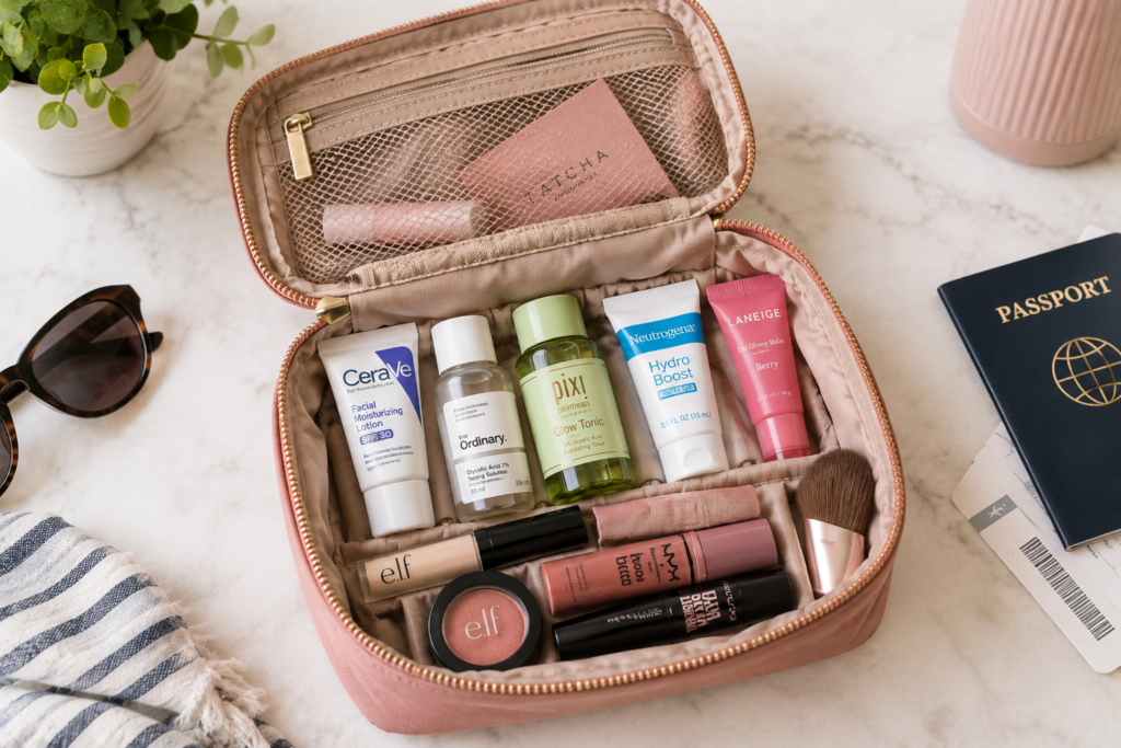 Travel-size makeup and skincare essentials for a trip