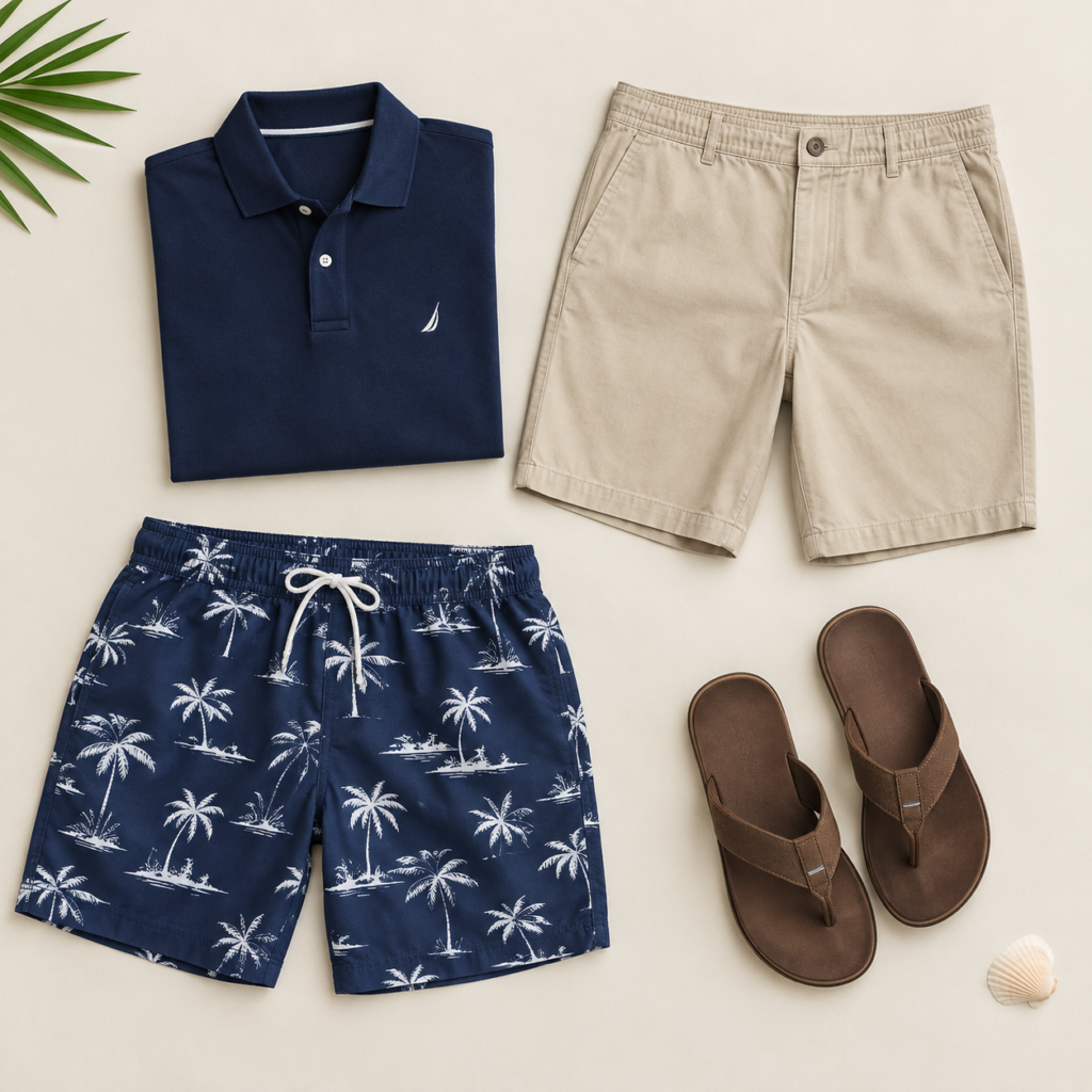 Men's vacation packing list with shorts, polo, and swim trunks