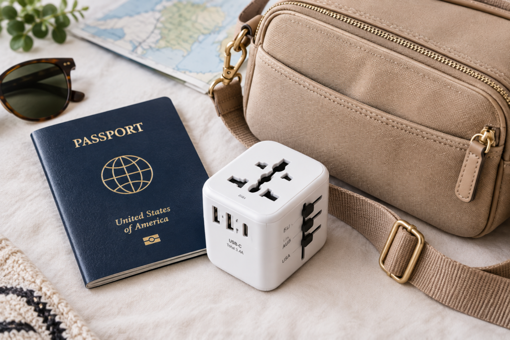 Travel adapter, passport, and crossbody bag for a Europe trip