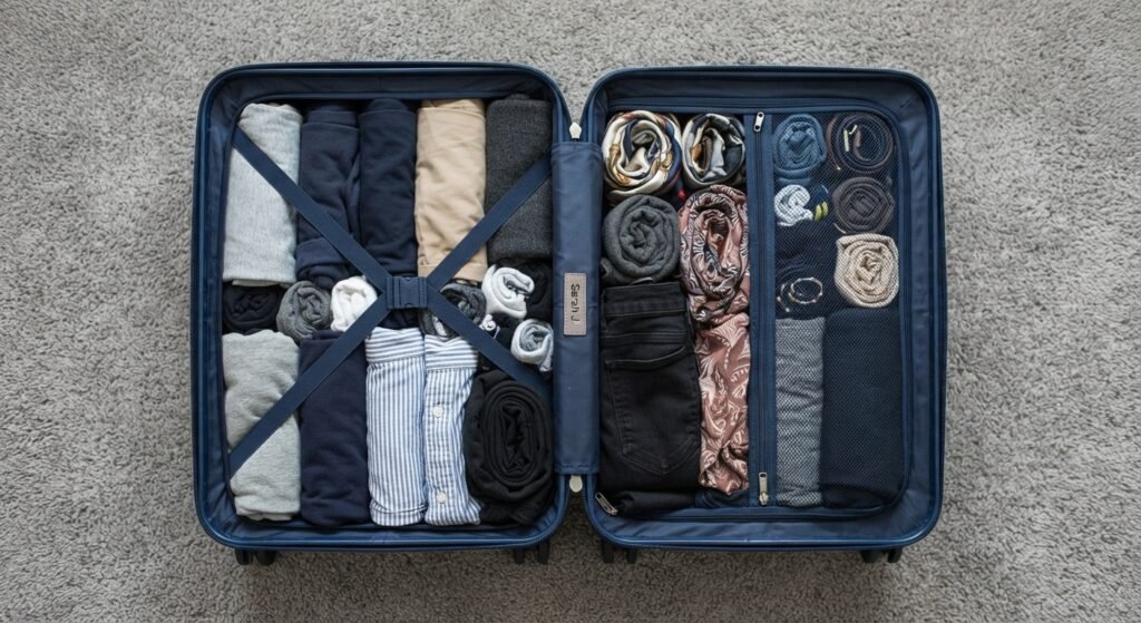 One bag packing list with rolled clothes in a carry-on suitcase