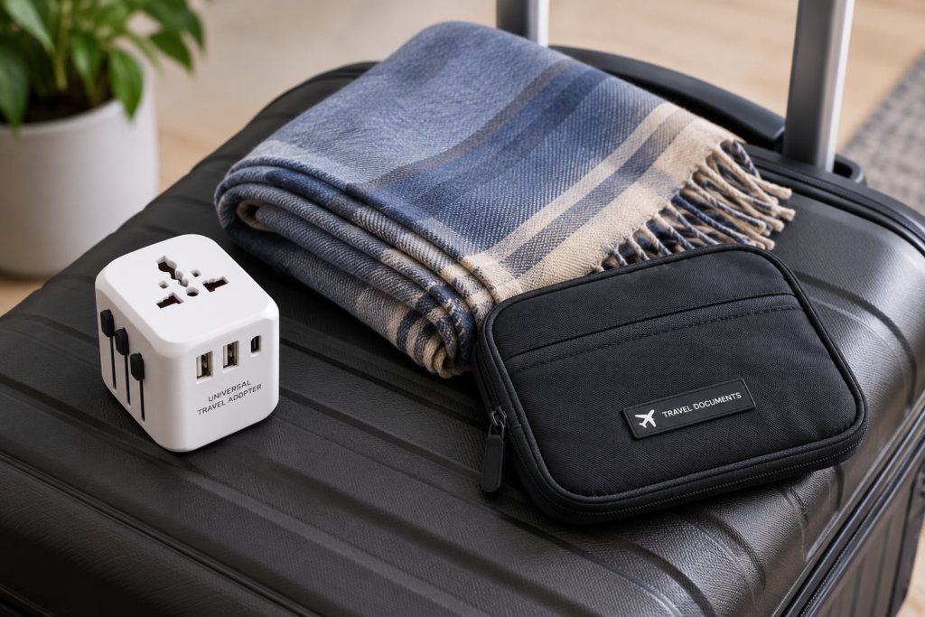 International travel essentials including adapter and scarf for women