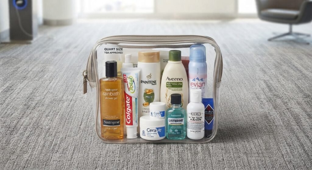 Clear toiletry bag packed within airline liquid limits