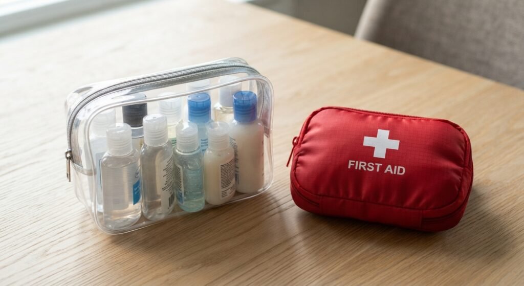 Travel-size toiletries and first-aid kit for a packing checklist