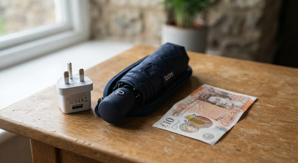 UK plug adapter and umbrella for a UK packing list
