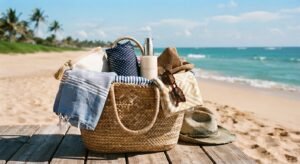 Beach bag packed for a summer vacation with swimsuit and sunscreen